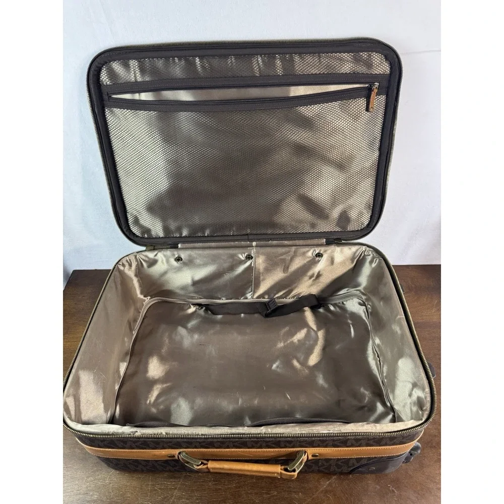 Vintage Michael Kors MK Monogram Rolling Carry-On Suitcase Faux Leather Brown